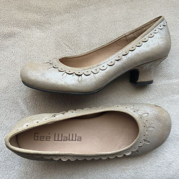 Geé WaWa Metallic Silver Tan Leather Block Kitten Heels Scalloped Edge Women 7.5 - Picture 1 of 16